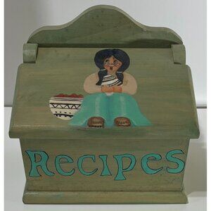 Vintage Wooden Recipe Box Native American Woman Pottery Turquoise Green Wood